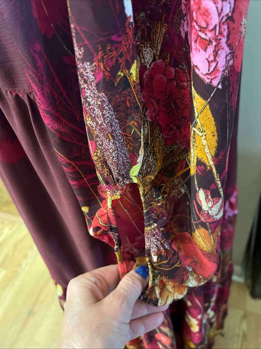 Arna York Dress Women 16 Burgundy Floral Lined Date Church Peasant Hippie tiered - Picture 3 of 14